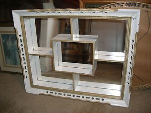 Large Vintage Shabby White Gold Ornate Wood Shadow Box Mirror Wall Display Chic