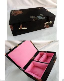 Vintage Black Jewelry Trinket Box Pink Satin Oriental Floral Jewel Case