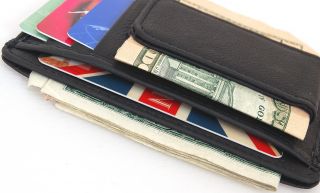 Genuine Leather Magnetic Money Clip ID Card Holder Case Wallet Black Thin Slim