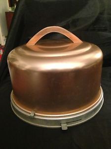Vintage Retro Mirro Aluminum Copper Covered Cake Carrier Saver w Latch Lock Base