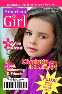 Custom American Girl Doll Magazine Style Birthday Party Invitations Digital File