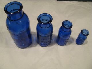 Set of 4 Vintage Cobalt Blue Glass Bottle Bromo Seltzer Emerson Drug Baltimore