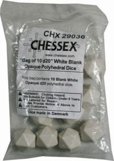 Chessex Opaque Blank White Bag of 10 D20 Dice Chessex CHX29036 New