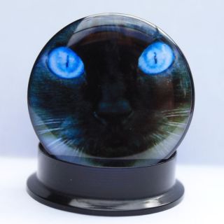 Pair Cat w Blue Eyes Ear Gauges Acrylic Ear Gauges Ear Plugs Flesh Ear Tunnels
