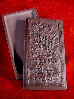Antique Chinese Ink Stone Hand Carved Box Four Noble Plants Museum Quality Well