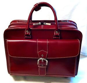 Franklin Covey Deep Red Leather Wheeled Laptop Case Rolling Comp Bag Briefcase