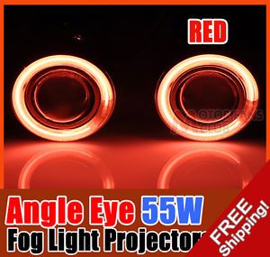 Pair 55W Universal Halogen Fog Light Projectors CCFL Halo Angel Eye Red