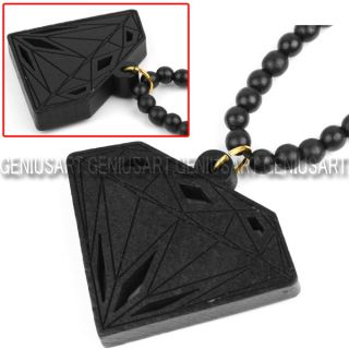 Hip Hop Fashion Good Wood Diamond Shape Pendant Ball Bead Chain Necklace Black