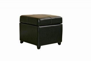 Black Full Leather Square Flip Top Storage Cube Ottoman Footstool