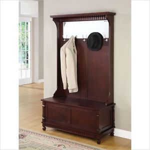 Entryway Hall Tree Coat Rack with Storage Bench in Merlot Finish