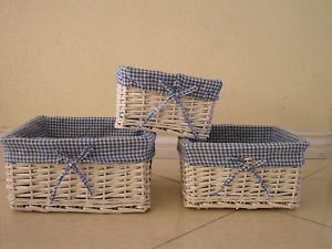Set of 3 Nesting White Wicker Storage Baskets w Lining Baby Gift Christmas New