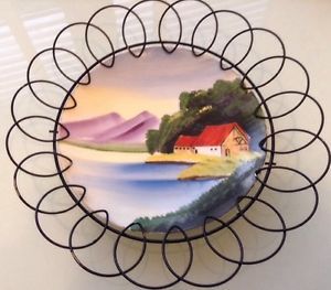 Vintage Japanese Plate w Wire Wall Holder Hand Painted 8" Plate
