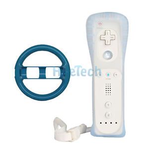 Wireless Remote Controller White Mario Kart Steering Wheel Blue for Wii