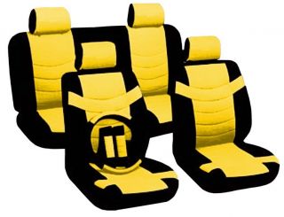 Faux PU Leather Black Yellow Seat Covers Headrests Steering Wheel CS3