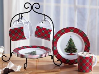 Melamine Christmas Holiday Plaid Dessert Serving Set w 4 Plates 4 Mugs New