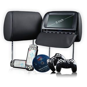 L0237 2x9" HD LCD Car Black Cover Pillow Headrest Monitor USB DVD Player IR 8D