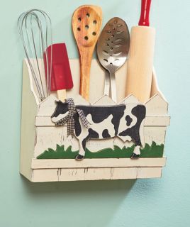 Cow Farm Country Kitchen Decorative Wooden Wall Bin Utensil Mail Holder New