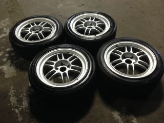 Enkei RPF1 Wheels 17x8" 5x114 3 35mm Offset Silver Rims Tires Dunlop Sport