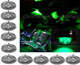 10pc Green LED Chrome Modules Motorcycle Chopper Frame Neon Glow Lights Pod Kit