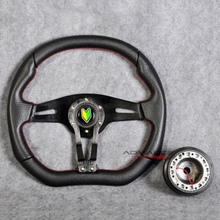 350mm Racing Steering Wheel Black PVC Spoke Red Stitch Hub Adapter Horn Honda