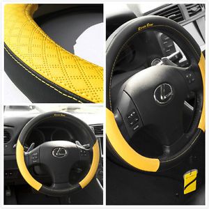 Leather Steering Wheel Cover 58012 Black Yellow Hummer Fiat Car SUV 14 15" 38cm
