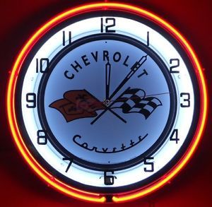 Chevy Corvette 18" Dual Neon Light Clock Parts Emblem Logo Garage Sting Ray Sign