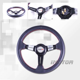 P V C Leather 350mm Black Steering Wheel w Red Stitch 3 Black Spoke New Look