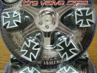 4 Black Iron Cross Valve Stem Caps Covers SUV Hot Rod Rat Rod Car Truck