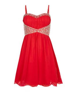 Red Embellished Waist Strappy Prom Dress