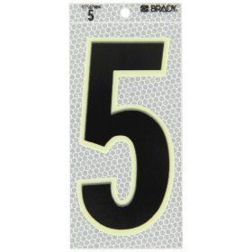 Brady 3020 5 6" Height, 3" Width, B 309 High Intensity Prismatic Reflective Sheeting, Black And Silver Color Glow In The Dark/Ultra Reflective Number, Legend "5" (Pack Of 10) Industrial Warning Signs