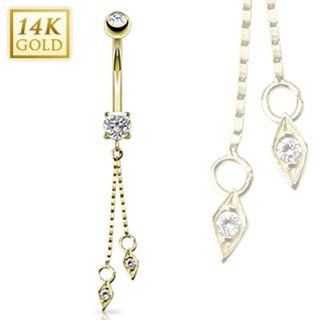 14 Karat Solid Yellow Gold CZ Prong Navel Belly Button Ring with Dangle   14GA 3/8" Long West Coast Jewelry Jewelry
