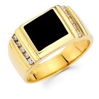 Mens Black Onyx Diamond Anniversary Ring 14k Yellow Gold (1/5 Carat) Jewel Tie Jewelry