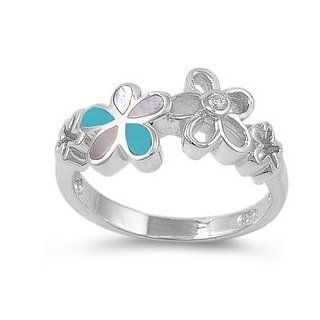 Rhodium Plated Sterling Silver Wedding & Engagement Ring Turquoise, Mother of Pearl Plumeria Ring 10MM ( Size 5 to 9) Jewelry