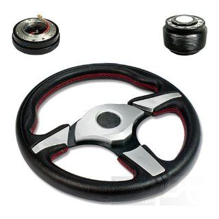 SW T270+HUB OH106+QL 2, 320mm 12.5" Black PVC Leather Silver Trim Black Spoke 6 Hole Racing Aluminum Steering Wheel with OH106 Short Hub Adapter and 2" Slim Quick Release with Horn Button Automotive