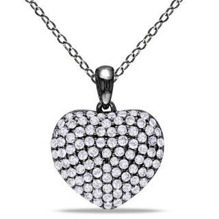 Sterling Silver, Black Rhodium Plated, Diamond Heart Shaped Pendant with Chain, (1 cttw, HI Color, I2 I3 Clarity), 18" Jewelry