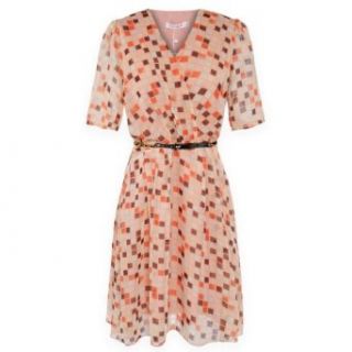 Gamiss Women's V Neck Plaid Print Tunic Half Sleeve Casual Wear Dress, Orange, Regular Sizing 8