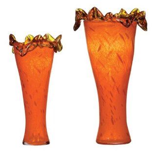 2 Piece Hand Blown Glass Decorative Vase in Red & Orange Accents with a Spiked Edge. Provided By ABC Market USA  
