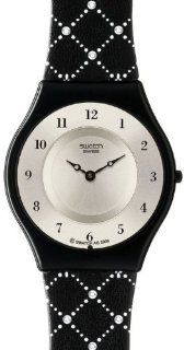 Swatch SFB140 Ladies Reflecting Stars Skin Collection  Silver Dial/Black Leather Watch Watches