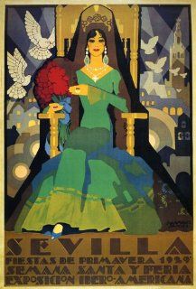 Sevilla Seville 1929 Trip to Spain Spanish Fashion Lady Girl with birds Travel Tourism 20" X 30" Image Size Vintage Poster Reproduction, We Have Other Sizes Available on    Prints