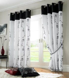 STUNNING BRIGHT BLACK WHITE FLORAL ORGANZA SILK TAFFETA 56" X 90"   142 X 229CM LINED RING TOP VOILE DRAPES CURTAINS 