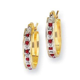 Sterling Silver & Gold plated Dia. & Ruby Oval Hoop Earrings Jewelry