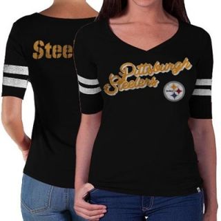 47 Brand Pittsburgh Steelers Ladies Flanker Stripe V Neck T Shirt   Black