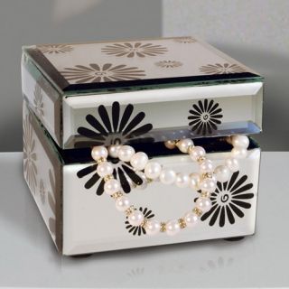 Black Flower Mirrored Flip Top Jewelry Box   4.25W x 3.5H in.   Womens Jewelry Boxes