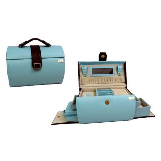 Bey Berk Personalized Blue & Brown Leather Steamer Travel Jewelry Box   9.75W x 6.5H in.   Travel Accessories