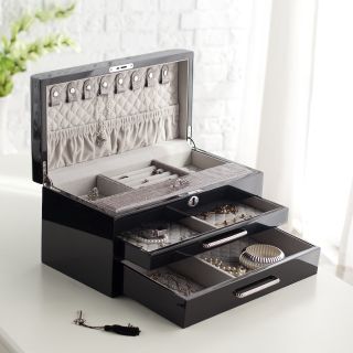 Hollywood Glam Jewelry Box with Faux Croc & Quilted Lining   14W x 7H in.   High Gloss Black   Womens Jewelry Boxes
