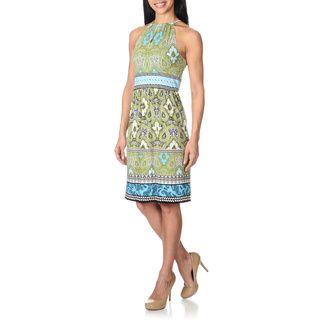 London Times Women's Blue/ Green Abstract Floral Print Dress London Times Casual Dresses