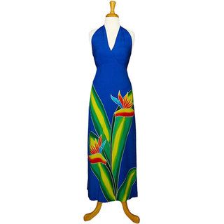 Hand painted Bird of Paradise Long Royal Blue Dress (Indonesia) 1 World Sarongs Women's Clothing