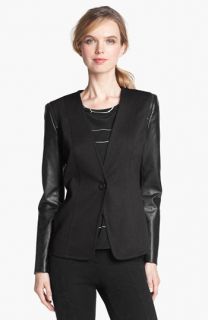 Vince Camuto Collarless Faux Leather Sleeve Jacket (Petite)