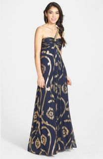 Betsy and Adam Foil Print Off Shoulder Gown