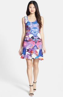Nicole Miller Blue Eden Tidal Pleat Print Ruffle Hem Jersey Dress